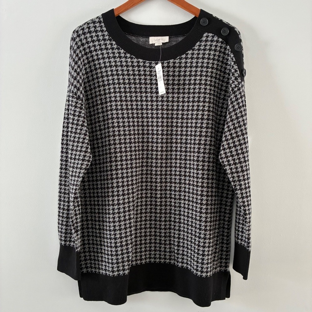 NWT Loft Outlet Houndstooth Cotton Sweater Black White Button Shoulder L Work